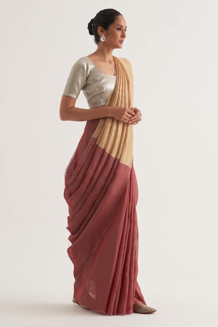 Shop Five Point Five Maroon Tissue, Linen Damini Stripe Pattern Saree With Unstitched Blouse Piece Online at Aza Fashions Shop_Five Point Five_Maroon Tissue, Linen Damini Stripe Pattern Saree With Unstitched Blouse Piece _Online_at_Aza_Fashions