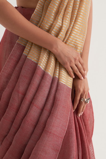 Five Point Five Maroon Tissue, Linen Damini Stripe Pattern Saree With Unstitched Blouse Piece at Aza Fashions Five Point Five_Maroon Tissue, Linen Damini Stripe Pattern Saree With Unstitched Blouse Piece _at_Aza_Fashions