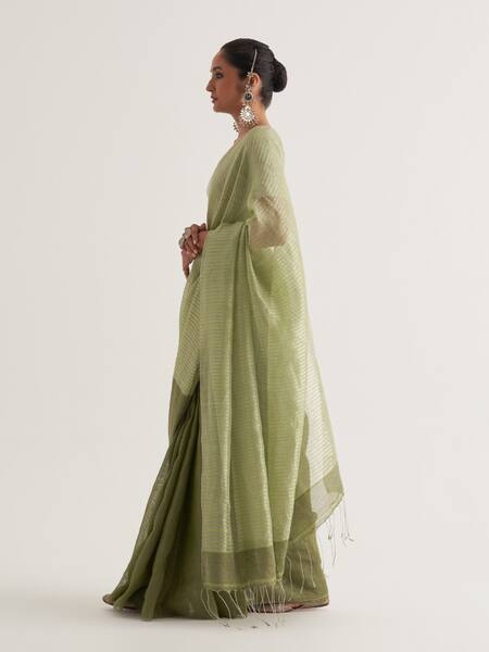 Five Point Five Green Tissue, Linen Damini Stripe Pallu Saree With Unstitched Blouse Piece Online at Aza Fashions Five Point Five_Green Tissue, Linen Damini Stripe Pallu Saree With Unstitched Blouse Piece_Online_at_Aza_Fashions