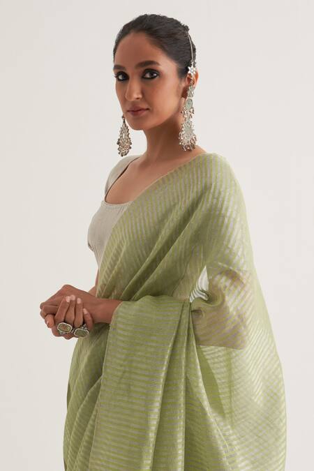 Buy Five Point Five Green Tissue, Linen Damini Stripe Pallu Saree With Unstitched Blouse Piece Online at Aza Fashions Buy_Five Point Five_Green Tissue, Linen Damini Stripe Pallu Saree With Unstitched Blouse Piece_Online_at_Aza_Fashions