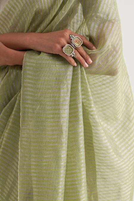 Shop Five Point Five Green Tissue, Linen Damini Stripe Pallu Saree With Unstitched Blouse Piece Online at Aza Fashions Shop_Five Point Five_Green Tissue, Linen Damini Stripe Pallu Saree With Unstitched Blouse Piece_Online_at_Aza_Fashions