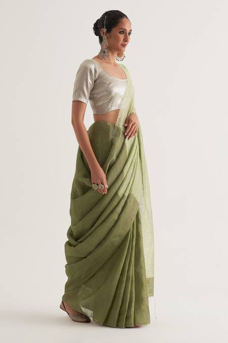 Five Point Five Green Tissue, Linen Damini Stripe Pallu Saree With Unstitched Blouse Piece at Aza Fashions Five Point Five_Green Tissue, Linen Damini Stripe Pallu Saree With Unstitched Blouse Piece_at_Aza_Fashions