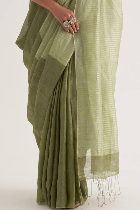 Buy Five Point Five Green Tissue, Linen Damini Stripe Pallu Saree With Unstitched Blouse Piece Buy_Five Point Five_Green Tissue, Linen Damini Stripe Pallu Saree With Unstitched Blouse Piece