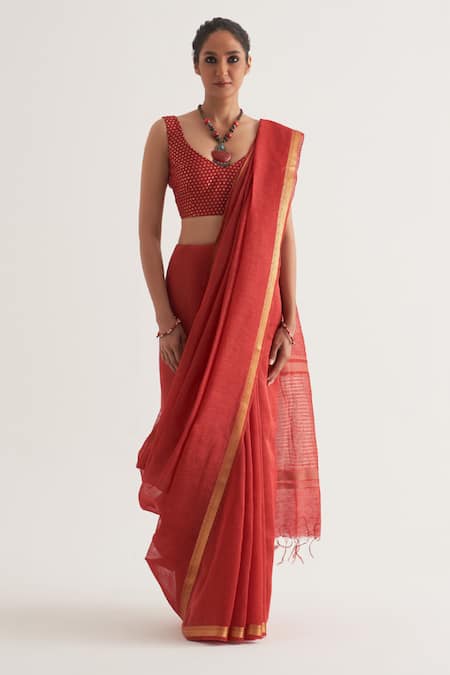 FIVE POINT FIVE Red Silk Linen Stripe Paro Pattern Saree With Unstitched Blouse Piece 