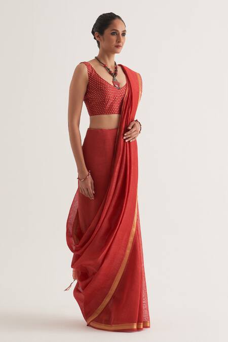Buy_Five Point Five_Red Silk, Linen Paro Stripe Pattern Saree With Unstitched Blouse Piece_Online_at_Aza_Fashions