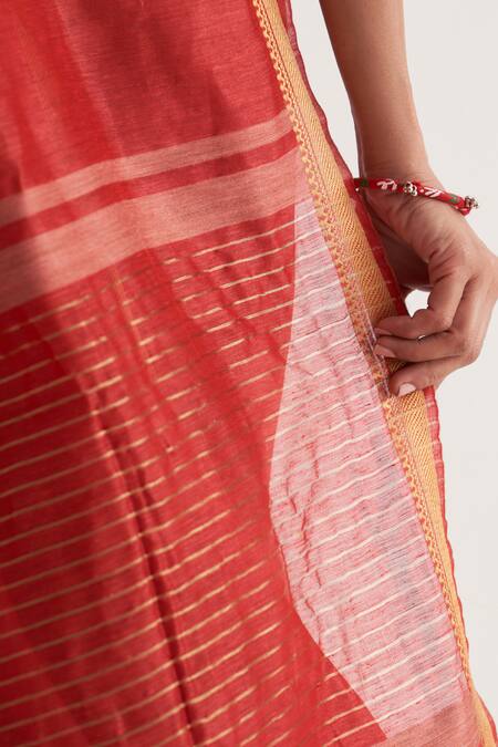Shop_Five Point Five_Red Silk, Linen Paro Stripe Pattern Saree With Unstitched Blouse Piece_Online_at_Aza_Fashions