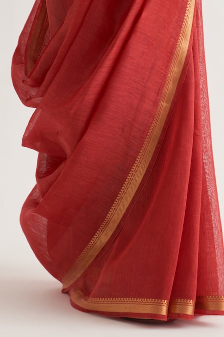 Five Point Five_Red Silk, Linen Paro Stripe Pattern Saree With Unstitched Blouse Piece_at_Aza_Fashions