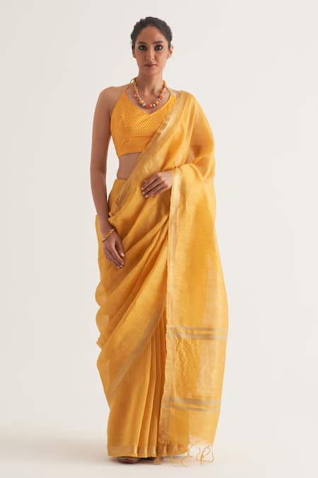 FIVE POINT FIVE Yellow Silk Linen Stripe Paro Pallu Saree With Unstitched Blouse Piece