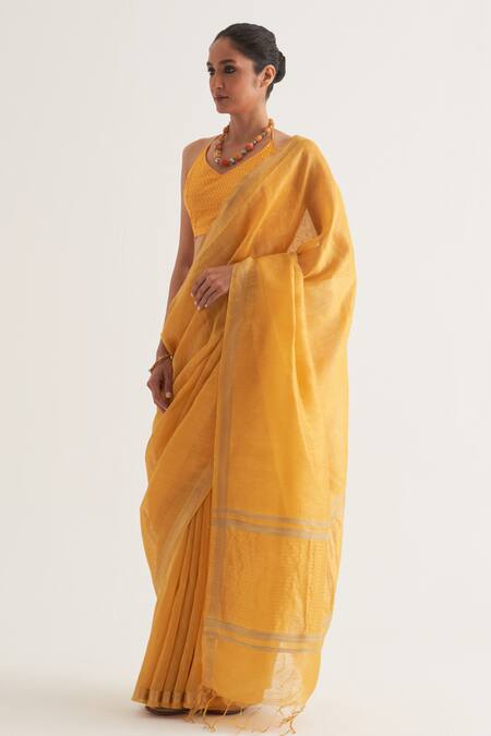 Buy_Five Point Five_Yellow Silk, Linen Paro Stripe Pallu Saree With Unstitched Blouse Piece_Online_at_Aza_Fashions