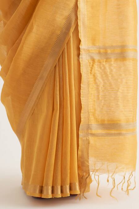 Shop_Five Point Five_Yellow Silk, Linen Paro Stripe Pallu Saree With Unstitched Blouse Piece_Online_at_Aza_Fashions