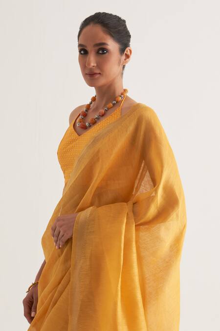 Five Point Five_Yellow Silk, Linen Paro Stripe Pallu Saree With Unstitched Blouse Piece_at_Aza_Fashions
