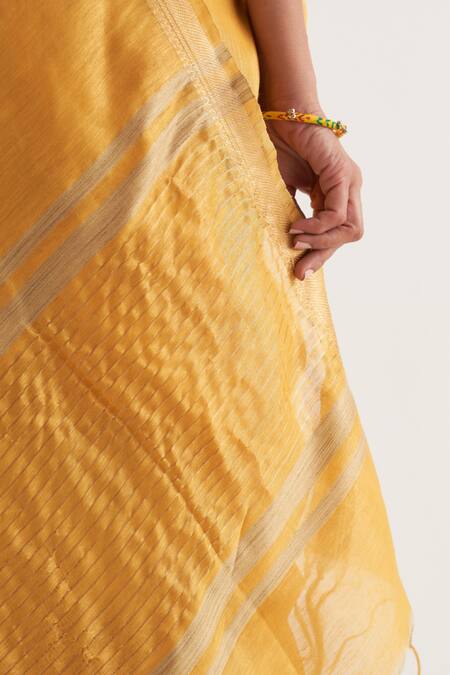 Buy_Five Point Five_Yellow Silk, Linen Paro Stripe Pallu Saree With Unstitched Blouse Piece