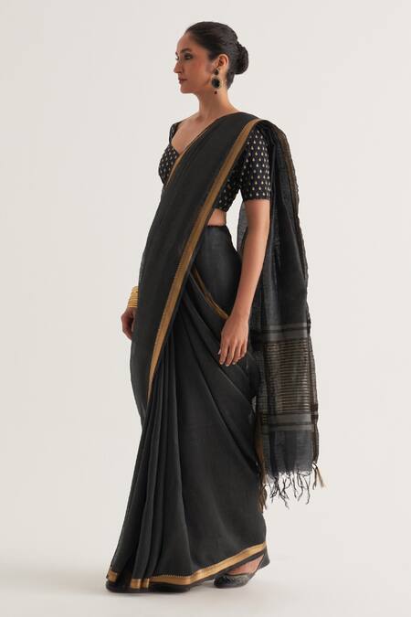 Buy Five Point Five Black Silk, Linen Paro Contrast Border Saree With Unstitched Blouse Piece Online at Aza Fashions Buy_Five Point Five_Black Silk, Linen Paro Contrast Border Saree With Unstitched Blouse Piece _Online_at_Aza_Fashions