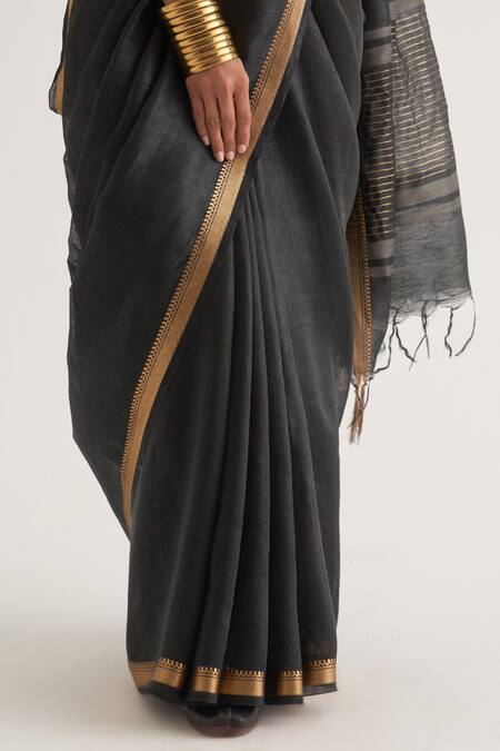 Shop Five Point Five Black Silk, Linen Paro Contrast Border Saree With Unstitched Blouse Piece Online at Aza Fashions Shop_Five Point Five_Black Silk, Linen Paro Contrast Border Saree With Unstitched Blouse Piece _Online_at_Aza_Fashions