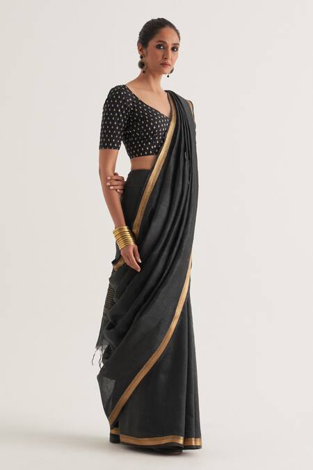 Five Point Five Black Silk, Linen Paro Contrast Border Saree With Unstitched Blouse Piece at Aza Fashions Five Point Five_Black Silk, Linen Paro Contrast Border Saree With Unstitched Blouse Piece _at_Aza_Fashions