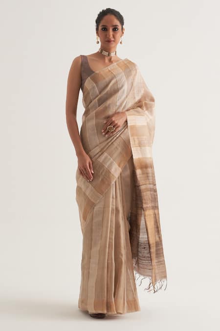 FIVE POINT FIVE Beige Tussar Vertical Stripe Chhavi Pattern Saree With Unstitched Blouse Piece 