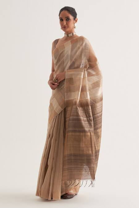Shop Five Point Five Beige Tussar Chhavi Vertical Stripe Pattern Saree With Unstitched Blouse Piece Online at Aza Fashions Shop_Five Point Five_Beige Tussar Chhavi Vertical Stripe Pattern Saree With Unstitched Blouse Piece _Online_at_Aza_Fashions