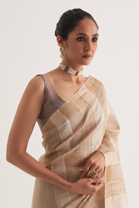 Five Point Five Beige Tussar Chhavi Vertical Stripe Pattern Saree With Unstitched Blouse Piece at Aza Fashions Five Point Five_Beige Tussar Chhavi Vertical Stripe Pattern Saree With Unstitched Blouse Piece _at_Aza_Fashions