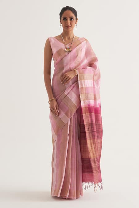 FIVE POINT FIVE Pink Tussar Vertical Stripe Chhavi Pattern Saree With Unstitched Blouse Piece