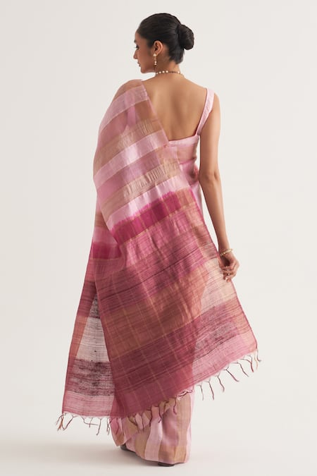 Shop Five Point Five Pink Tussar Chhavi Stripe Pattern Saree With Unstitched Blouse Piece at Aza Fashions Shop_Five Point Five_Pink Tussar Chhavi Stripe Pattern Saree With Unstitched Blouse Piece _at_Aza_Fashions