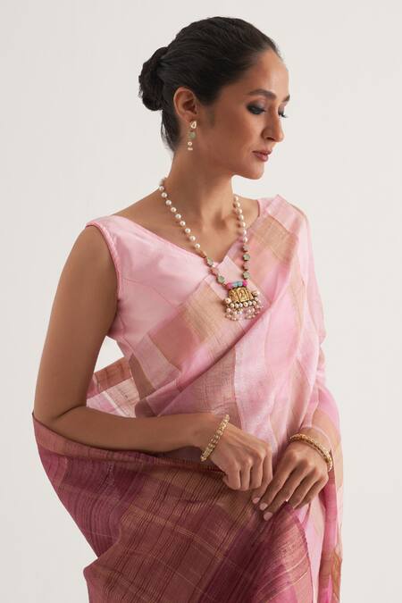 Five Point Five Pink Tussar Chhavi Stripe Pattern Saree With Unstitched Blouse Piece Online at Aza Fashions Five Point Five_Pink Tussar Chhavi Stripe Pattern Saree With Unstitched Blouse Piece _Online_at_Aza_Fashions