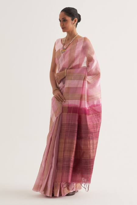 Buy Five Point Five Pink Tussar Chhavi Stripe Pattern Saree With Unstitched Blouse Piece Online at Aza Fashions Buy_Five Point Five_Pink Tussar Chhavi Stripe Pattern Saree With Unstitched Blouse Piece _Online_at_Aza_Fashions