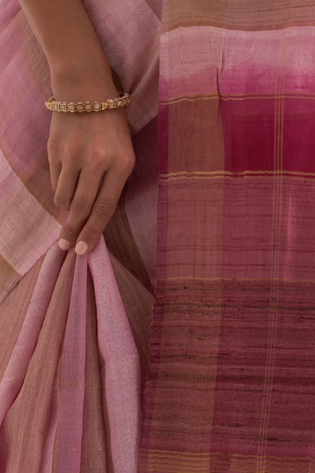 Shop Five Point Five Pink Tussar Chhavi Stripe Pattern Saree With Unstitched Blouse Piece Online at Aza Fashions Shop_Five Point Five_Pink Tussar Chhavi Stripe Pattern Saree With Unstitched Blouse Piece _Online_at_Aza_Fashions