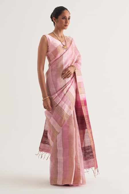 Five Point Five Pink Tussar Chhavi Stripe Pattern Saree With Unstitched Blouse Piece at Aza Fashions Five Point Five_Pink Tussar Chhavi Stripe Pattern Saree With Unstitched Blouse Piece _at_Aza_Fashions