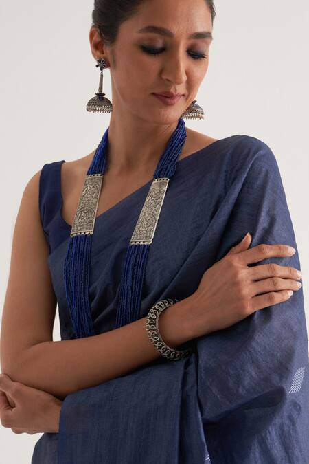 Five Point Five_Blue Tussar Stripe Mayur Woven Motif Saree With Unstitched Blouse Piece _Online_at_Aza_Fashions
