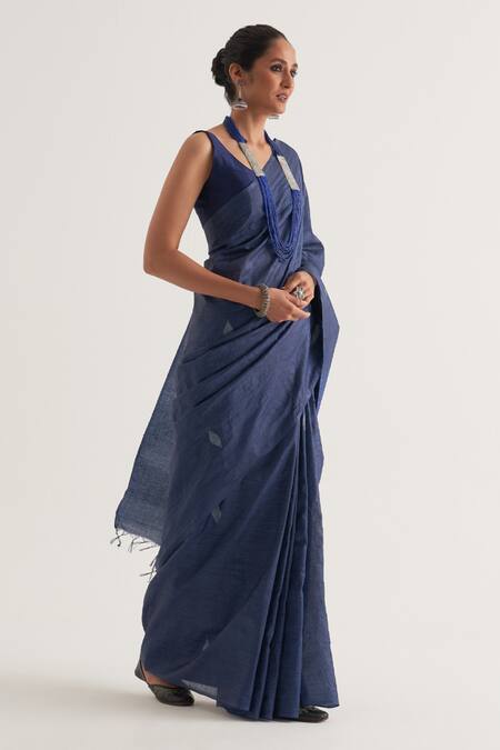 Buy_Five Point Five_Blue Tussar Stripe Mayur Woven Motif Saree With Unstitched Blouse Piece _Online_at_Aza_Fashions