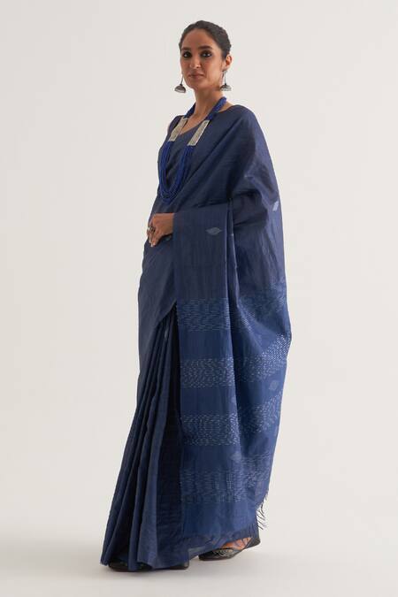 Five Point Five_Blue Tussar Stripe Mayur Woven Motif Saree With Unstitched Blouse Piece _at_Aza_Fashions