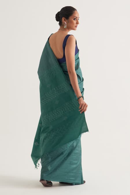 Shop_Five Point Five_Green Tussar Mayur Woven Motif Saree With Unstitched Blouse Piece _at_Aza_Fashions