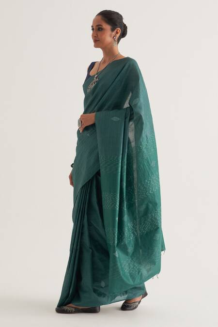 Buy_Five Point Five_Green Tussar Mayur Woven Motif Saree With Unstitched Blouse Piece _Online_at_Aza_Fashions