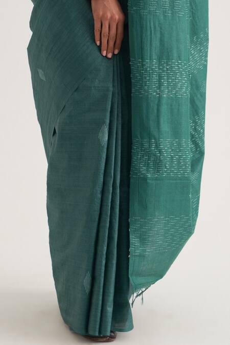 Shop_Five Point Five_Green Tussar Mayur Woven Motif Saree With Unstitched Blouse Piece _Online_at_Aza_Fashions