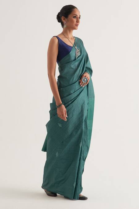 Five Point Five_Green Tussar Mayur Woven Motif Saree With Unstitched Blouse Piece _at_Aza_Fashions