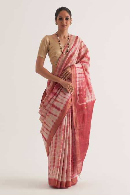 FIVE POINT FIVE Maroon Muga Silk Shibori Nagma Pattern Saree With Unstitched Blouse Piece