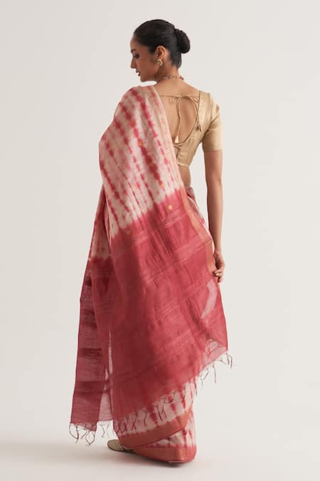 Shop_Five Point Five_Maroon Muslin Nagma Shibori Pattern Saree With Unstitched Blouse Piece _at_Aza_Fashions