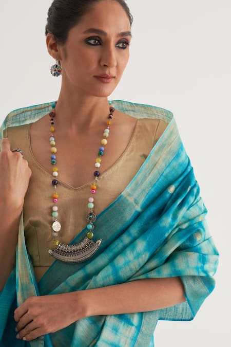 Five Point Five_Blue Silk, Muslin Nagma Gold Border Saree With Unstitched Blouse Piece_Online_at_Aza_Fashions