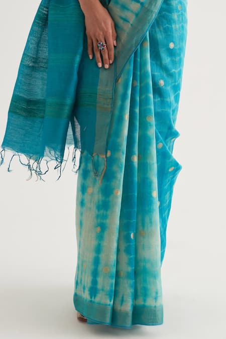 Shop_Five Point Five_Blue Silk, Muslin Nagma Gold Border Saree With Unstitched Blouse Piece_Online_at_Aza_Fashions