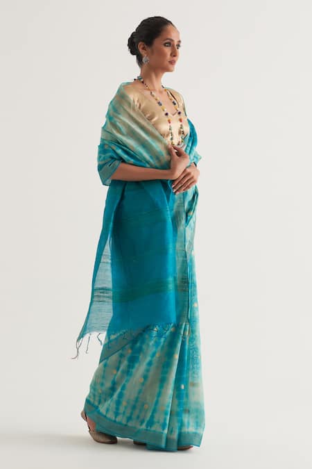 Buy_Five Point Five_Blue Silk, Muslin Nagma Gold Border Saree With Unstitched Blouse Piece