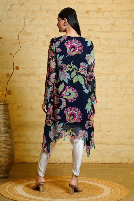 Shop Sajeda A Lehry Blue Silk, Georgette Ananya Asymmetric Printed Kurta And Dhoti Pant Set at Aza Fashions Shop_Sajeda A Lehry_Blue Silk, Georgette Ananya Asymmetric Printed Kurta And Dhoti Pant Set _at_Aza_Fashions