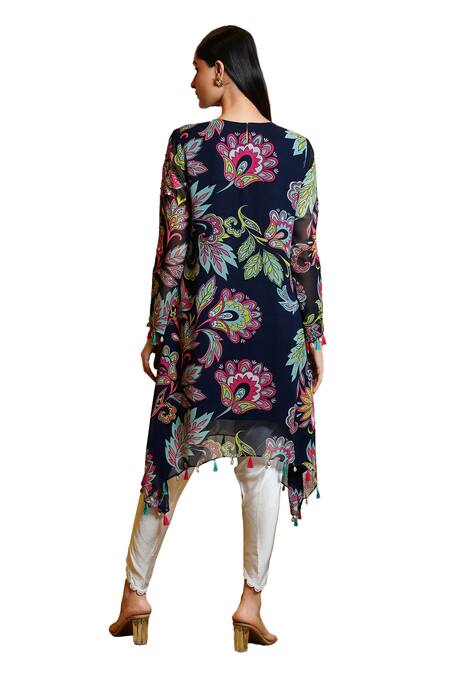 Sajeda A Lehry Blue Silk, Georgette Ananya Asymmetric Printed Kurta And Dhoti Pant Set Online at Aza Fashions Sajeda A Lehry_Blue Silk, Georgette Ananya Asymmetric Printed Kurta And Dhoti Pant Set _Online_at_Aza_Fashions