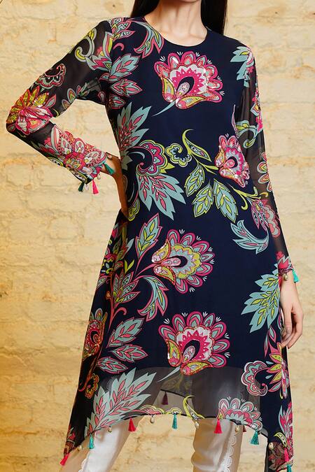 Shop Sajeda A Lehry Blue Silk, Georgette Ananya Asymmetric Printed Kurta And Dhoti Pant Set Online at Aza Fashions Shop_Sajeda A Lehry_Blue Silk, Georgette Ananya Asymmetric Printed Kurta And Dhoti Pant Set _Online_at_Aza_Fashions