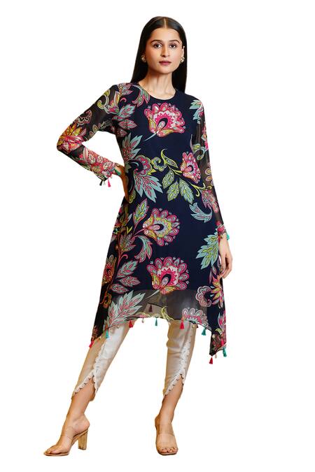 Sajeda A Lehry Blue Silk, Georgette Ananya Asymmetric Printed Kurta And Dhoti Pant Set at Aza Fashions Sajeda A Lehry_Blue Silk, Georgette Ananya Asymmetric Printed Kurta And Dhoti Pant Set _at_Aza_Fashions