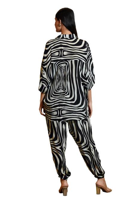 Sajeda A Lehry Black Silk, Crepe Tassels, Metallic Thread Athena Stripe Print Tunic And Pant Set Online at Aza Fashions Sajeda A Lehry_Black Silk, Crepe Tassels, Metallic Thread Athena Stripe Print Tunic And Pant Set_Online_at_Aza_Fashions