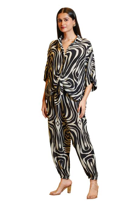 Shop Sajeda A Lehry Black Silk, Crepe Tassels, Metallic Thread Athena Stripe Print Tunic And Pant Set Online at Aza Fashions Shop_Sajeda A Lehry_Black Silk, Crepe Tassels, Metallic Thread Athena Stripe Print Tunic And Pant Set_Online_at_Aza_Fashions