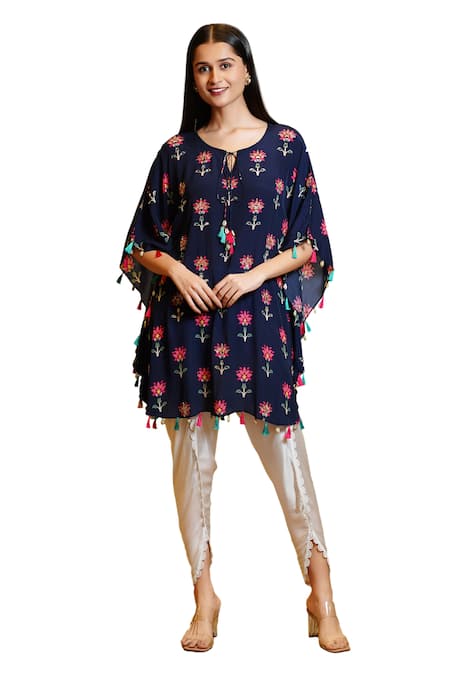 Shop Sajeda A Lehry Blue Silk Tassels, Sequins Mirror Embroidered Kaftan Kurta And Dhoti Pant Set at Aza Fashions Shop_Sajeda A Lehry_Blue Silk Tassels, Sequins Mirror Embroidered Kaftan Kurta And Dhoti Pant Set _at_Aza_Fashions