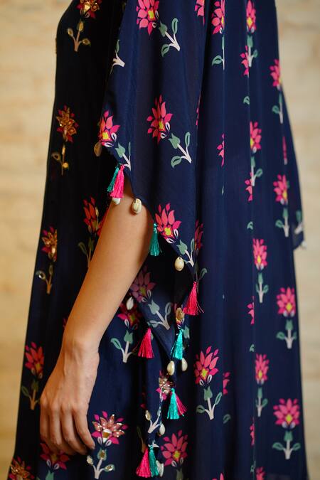 Sajeda A Lehry Blue Silk Tassels, Sequins Mirror Embroidered Kaftan Kurta And Dhoti Pant Set Online at Aza Fashions Sajeda A Lehry_Blue Silk Tassels, Sequins Mirror Embroidered Kaftan Kurta And Dhoti Pant Set _Online_at_Aza_Fashions