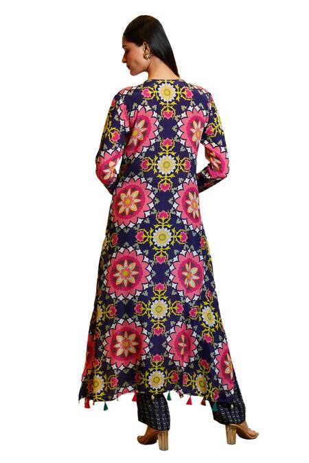 Sajeda A Lehry Blue Silk, Crepe Mirrors, Misu Geometric Print Embroidered Kurta And Pant Set Online at Aza Fashions Sajeda A Lehry_Blue Silk, Crepe Mirrors, Misu Geometric Print Embroidered Kurta And Pant Set_Online_at_Aza_Fashions