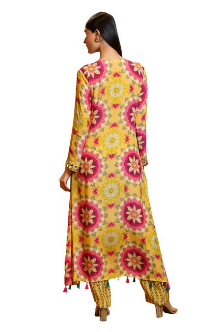 Sajeda A Lehry_Yellow Silk, Crepe Tassels, Misu Floral Print Embroidered Kurta And Pant Set_Online_at_Aza_Fashions